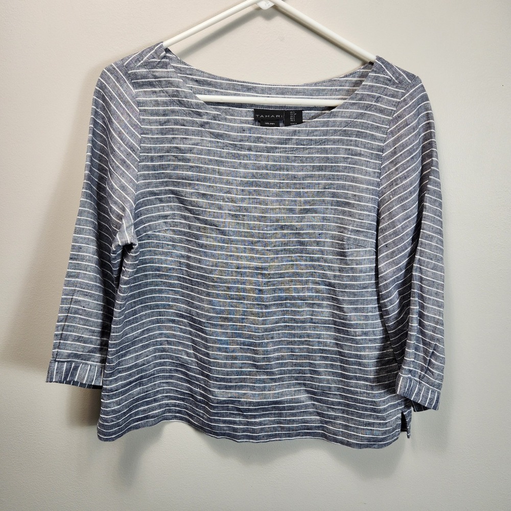 Tahari Black & White Striped Linen Top Ladies‎ S Boat Neck 3/4 Sleeve Boxy